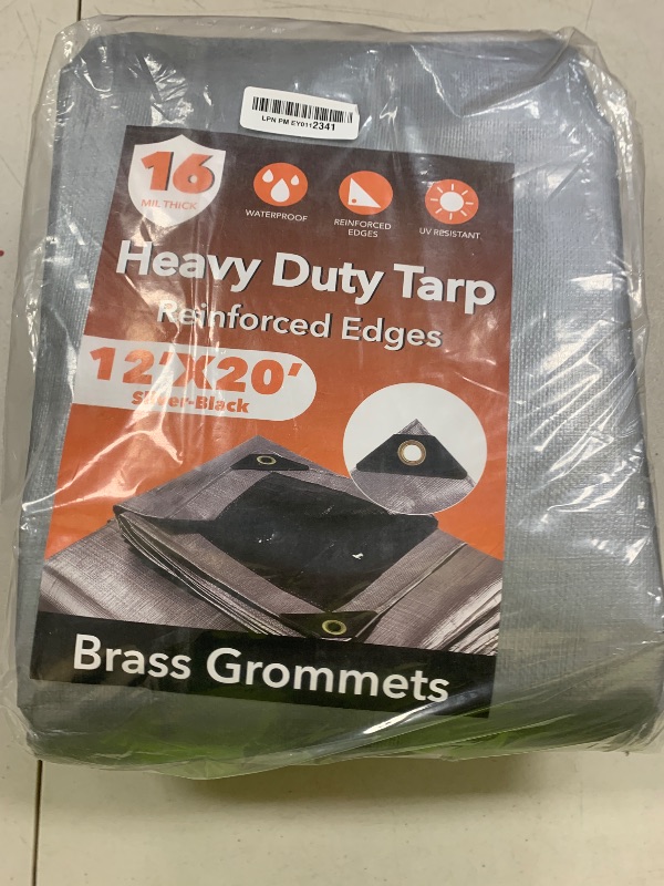 Photo 1 of 12x20FT Waterproof Tarp, Yumatum 16 Mil Heavy Duty Tarps with Reinforced Edges/Brass Grommets, 100% UV Blocking/Tear Resistant Poly Tarp for Camping, Patio, Tent, Boat(Silver/Black)