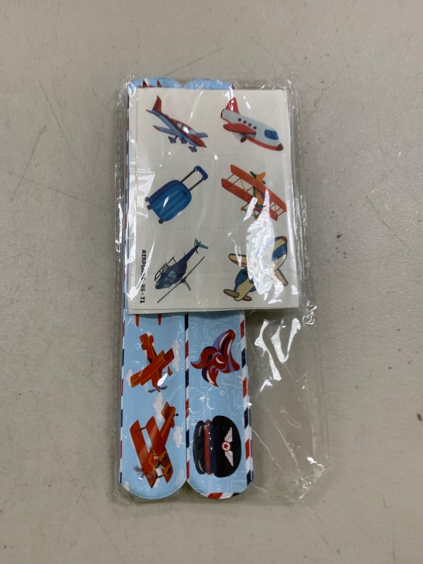 Photo 1 of 72PCS Airplane Party Favors - 48 Pre-cut Temporary Tattoos & 24 Airplane Slap Bracelets - Themed Birthday Party Supplies for Boys & Girls - Perfect Decorations, Gifts, School Prizes, Carnival Rewards