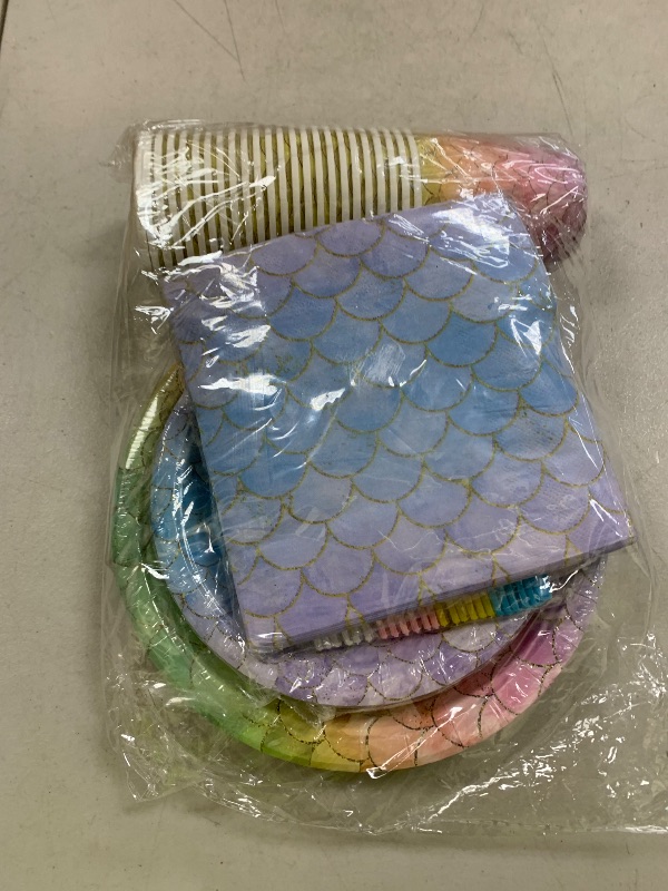 Photo 1 of 120PCS Mermaid Party Tableware Set Mermaid Birthday Party Supplies Mermaid Plates and Napkins Cups Forks Mermaid Party Decorations for Birthday Bridal Shower Baby Shower Decorations Serve 24