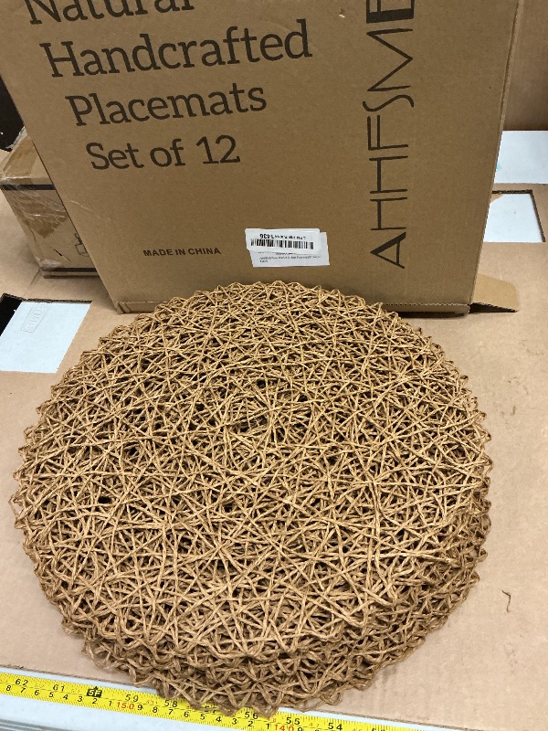 Photo 1 of AHHFSMEI Paper Braided Round Placemats Set of 12 Natural Non-Slip Heat Resistant Table Mats for Dining Tables Woven Indoor & Outdoor Place mats(Brown,12)