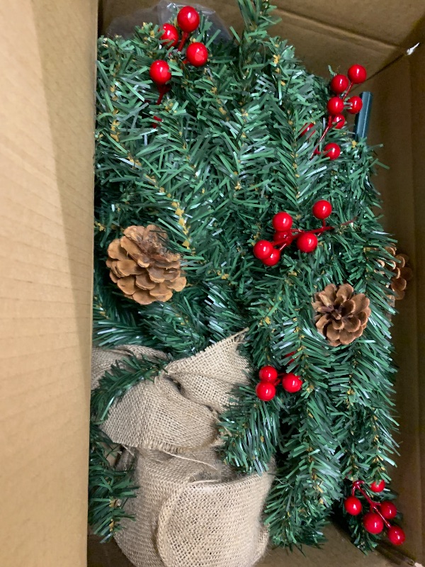 Photo 1 of 3 ft Artificial Mini Christmas Tree, Remote Control and Timer, Tabletop Small Christmas Trees 50 Warm White&Colorful Dual Color Lights 110 Tips 12 Pinecones 12 Red Berries Burlap Base Home Xmas Decor