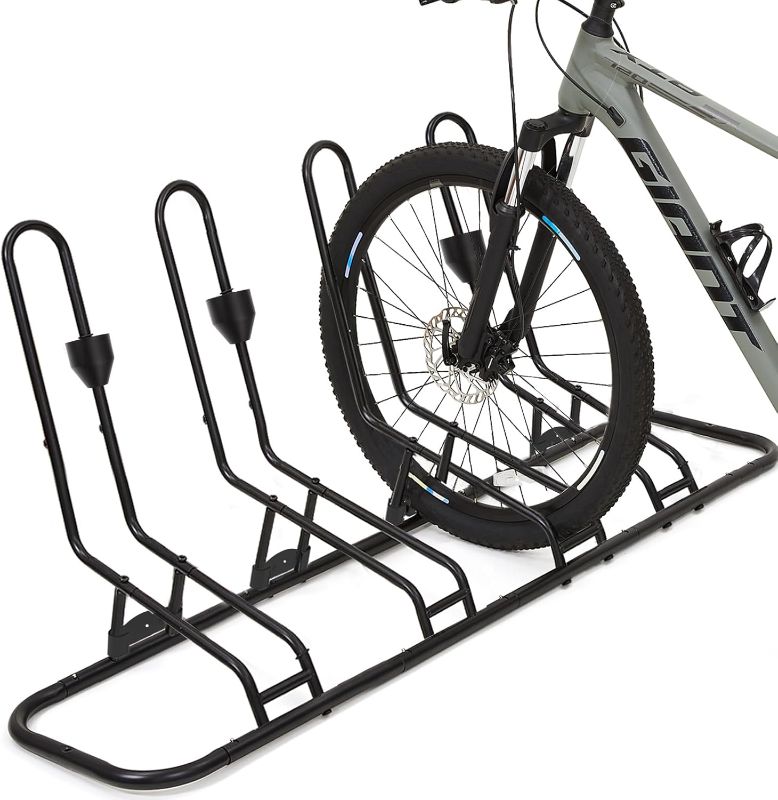 Photo 1 of 4 Floor Bike Rack, Safeguard Disc Brakes & Derailleurs Design, Waterproof Bicycle Stand Indoor/Outdoor/Garage Use, Fits 12"-29" Tires, Upgraded 0.63" Steel Tubes for Stability
