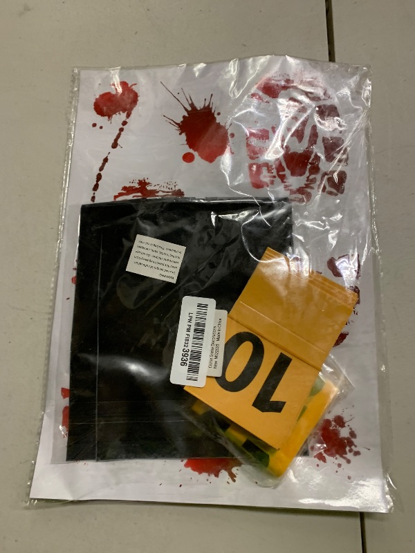 Photo 1 of 16 Pieces Halloween Crime Scene Decorations Kit Murder Mystery Dinner Party Game Supplies Includes Body Silhouette Crime Scene Tape Evidence Markers and Blody Sticker Home for Crime Scene Party Decor