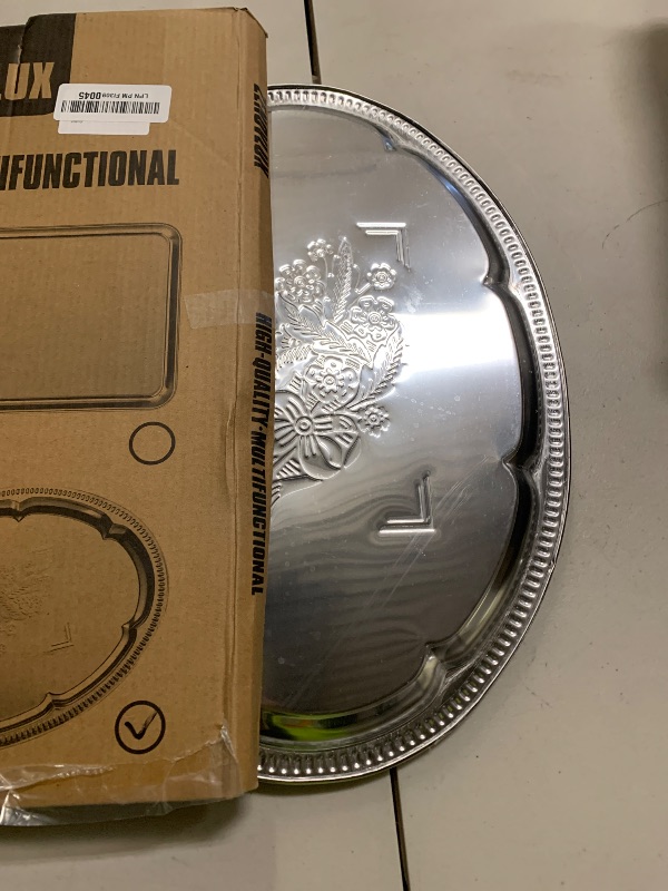 Photo 1 of 4-Pack 15.7" x 11.8" Large Silver Serving Trays for Party Set - Oval Floral Engraved Serving Platters, Wedding Birthday Mirror Tray for Christmas, Food, Appetizer, Charcuterie, Cookies, Desserts