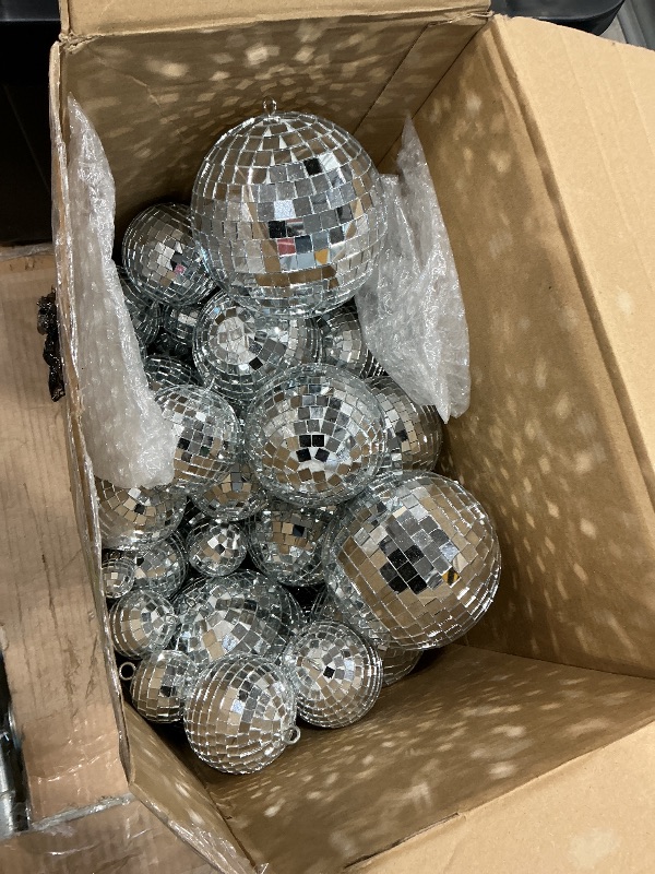 Photo 1 of Funtery 100 Pcs Mirror Disco Balls Bulk Assorted Silver Hanging Disco Ball Decor for Home Wedding Birthday Dance Music 70 S Theme Party Christmas Tree Ornaments(0.8'',1.6'',2.4'',3.2'',4'',8'')