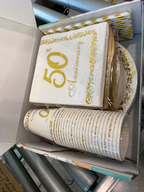 Photo 1 of APOWBLS 50th Anniversary Decorations And Supplies Tableware - Golden 50 Year Wedding Anniversary Decorations, Party Plate, Cup, Napkin, Tablecloth, Cutlery, Paper Straw | Serve 24