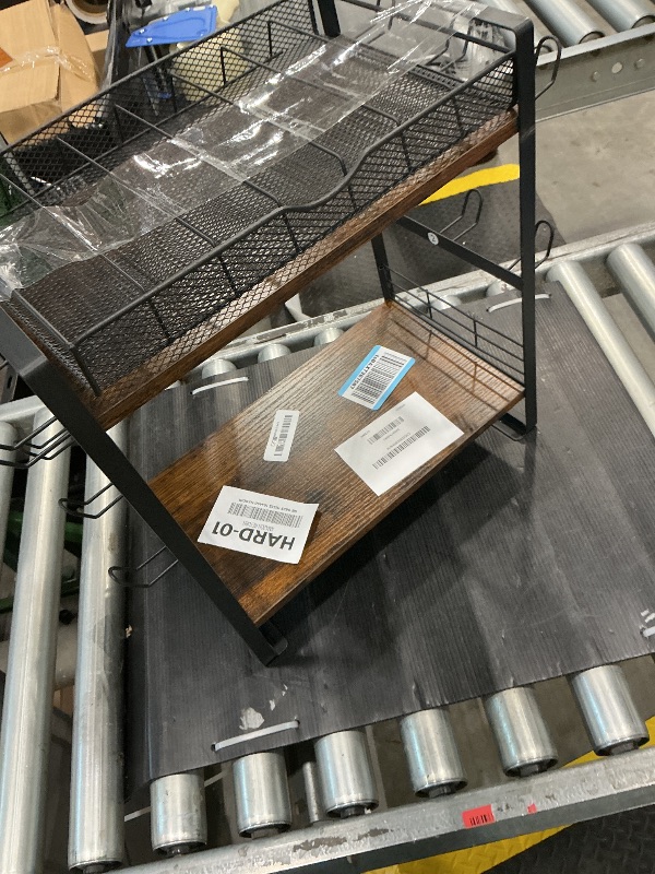 Photo 1 of *dAMAGED ITEM/ BROKEN LEFT LEG* OGEMXU Coffee Station Organizer, 3 Tier Bar Organizer for Countertop, Mug Cup Holder Stand With 12 Hooks and 28 K Cup Storage for Kitchen, Home & Office, Rustic Brown