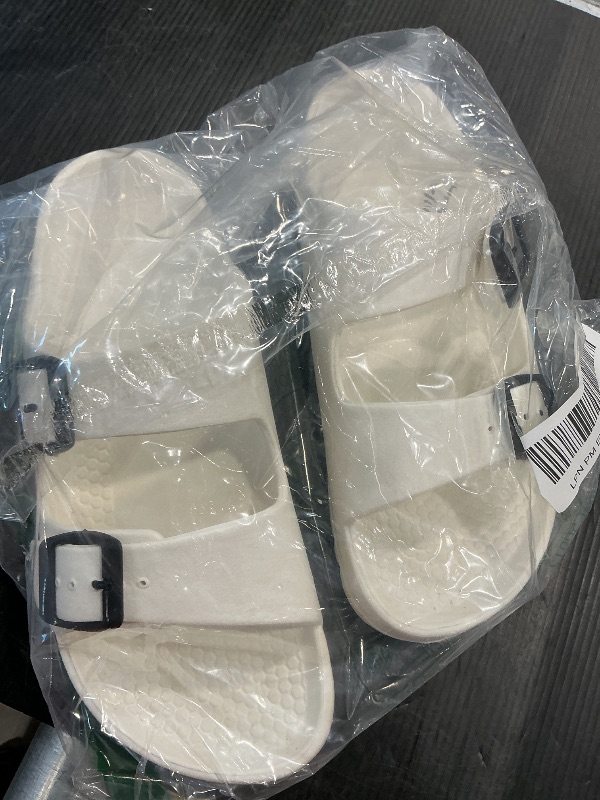Photo 1 of *MINOR DAMAGE - USED*
FUNKYMONKEY Women's Comfort Slides Double Buckle Adjustable EVA Flat Sandals (9 M US, New White B)