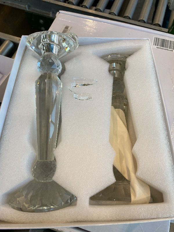 Photo 1 of ***MAJOR DAMAGE*** Kitcom 2-Pack Crystal Candle Stick Holders for Home Decor, Clear Crystal Taper/Pillar Candles Holder Table Centerpieces for Party and Wedding Decoration(10.6inch Tall)