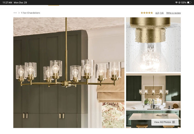 Photo 1 of **UNKNOWN MISSING PIECES**Winslow Chandelier 
1-Tier 
8-Light 
Clear Seeded Glass 
Size:20" W x 14.75" H x 44.5" L