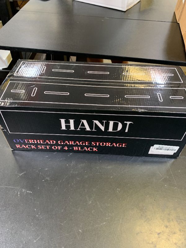 Photo 1 of HandT USA Based Overhead Garage Storage Rack, Ceiling Tote Bin Organization Rails Shelving Racks System, Heavy Duty Hanging Metal Rack Systems for 27 Gallon Container, Supports Most Bins, 4 Sets Black