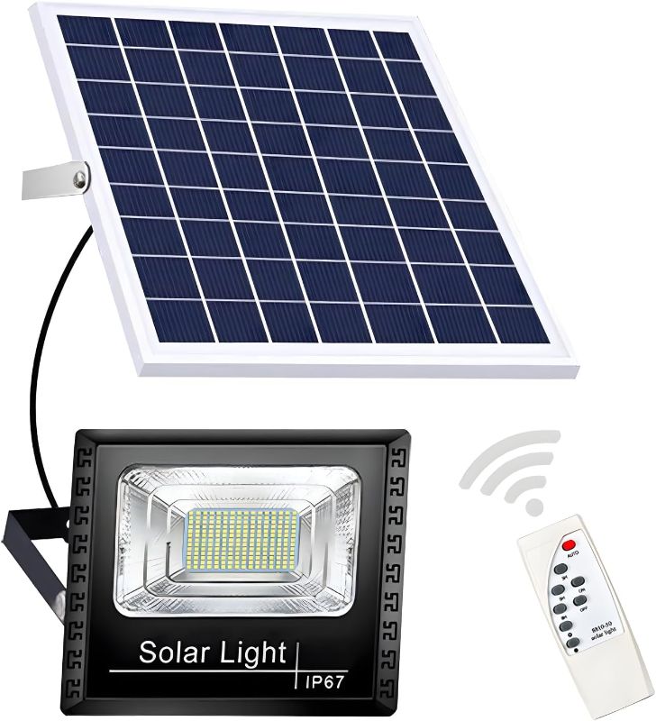Photo 1 of DuBom 100w to 800w 6500K Solar Flood Light Outdoor Remote, IP67 Waterproof Solar Power Security Light Auto On/Off, Dusk to Dawn for Yard, Gazebo, Shed, Barn, Porch, Patio, Garage, Garden (100W)
