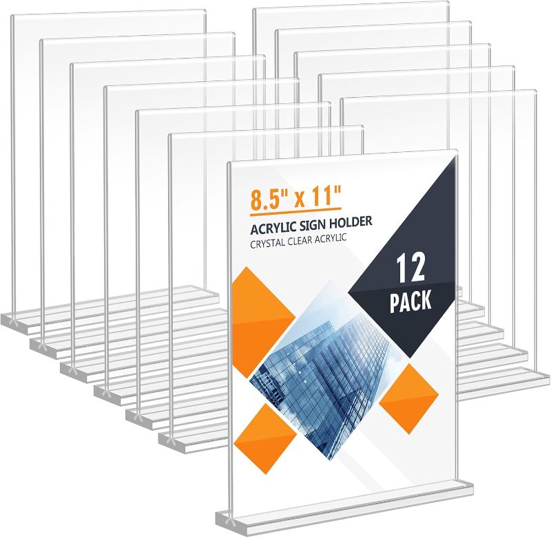 Photo 1 of Acrylic Sign Holder 8.5 x 11, Double Sided Sign Holder Stand, Plastic 12 Pack Table Paper Stand, Vertical Menu Flyer Stand, T Shape Table Flyer Holder
