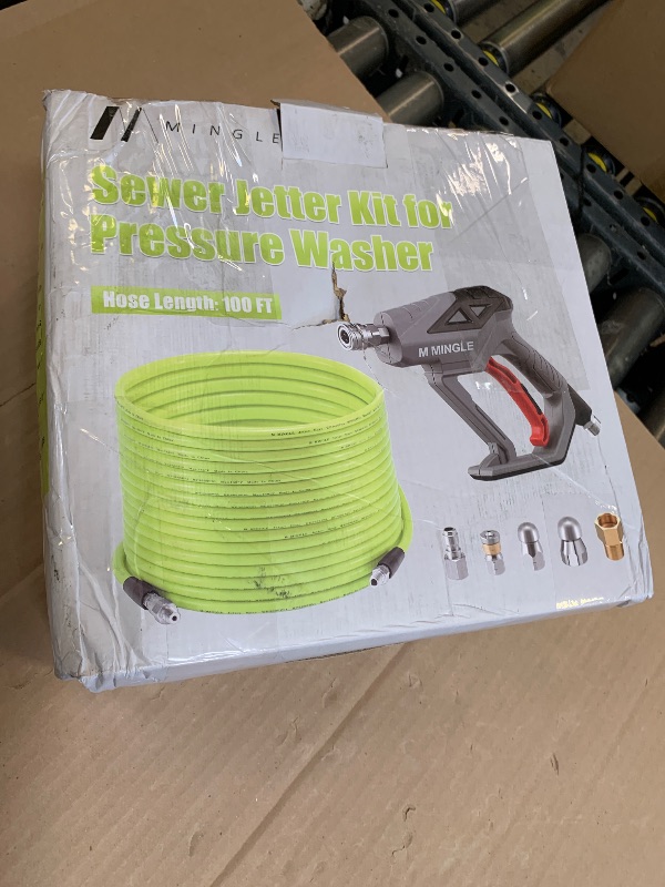 Photo 1 of M MINGLE Sewer Jetter Kit for Pressure Washer 100 FT, Drain Cleaner Hose with Power Washer Gun, 1/4 Inch NPT Corner Rotating and Button Nose Sewer Jetting Nozzle, Orifice 4.0, 4.5
