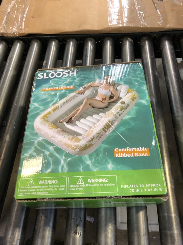 Photo 1 of SLOOSH Inflatable Tanning Pool Lounger Float, 70" x 46" Pool Floats Adult with Pillow, 4 in 1 Suntan Tub Raft Floatie,Sunbathing Bed Lounge for Water Blow Up Kids Ball Pit Party Gifts, L-Golden White