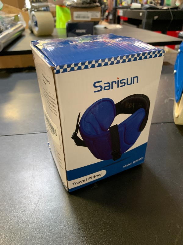 Photo 1 of SARISUN Airplane Pillow Combo with Chin Strap, Travel Pillows for Airplanes with Sleep Eye Mask, Plane Pillow for Long Flights, Car Road Trip, 360° Headrest, Stop Bobblehead, Black