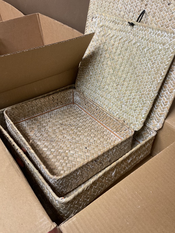 Photo 1 of SEE NOTES PICTURE……….Didaey  Seagrass Basket with Lid Wicker Storage Basket Decorative Storage Boxes with Lids Flat Storage Bins Woven Organizer Baskets for Shelf Closet Bedroom, 
