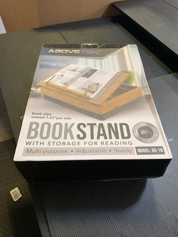 Photo 1 of AboveTEK Book Stand for Reading with Storage, Adjustable Bamboo Book Holder with Soft Lap Cushion, Cookbook Stand, Hands-Free Book Reading Stand for Bed, Desktop & Kitchen Counter