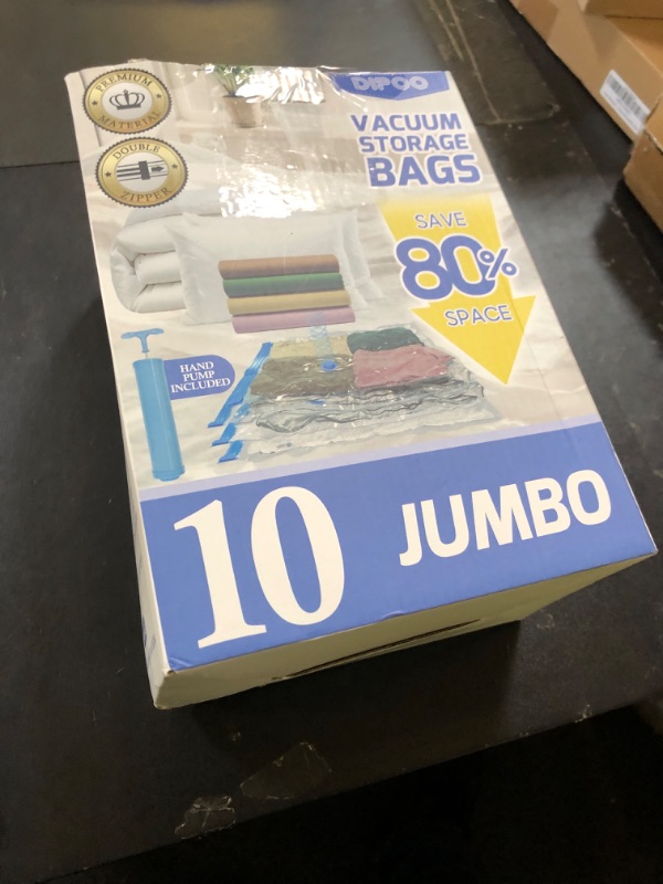 Photo 1 of 10 Pack Jumbo Vacuum Storage Bags with Hand Pump, 80% Storage Space Saving, Sturdy Leak-Free Space Saver Vacuum Seal Bags for Clothing, Vacuum Compression Bags for Travel Lugggage Blankets Comforters