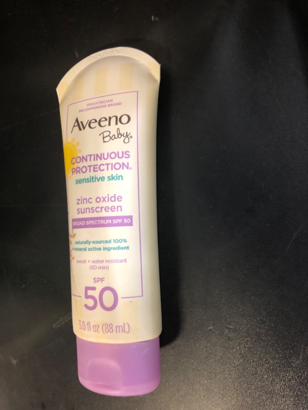 Photo 1 of Aveeno Baby Continuous Protection Zinc Oxide Mineral Sunscreen Lotion for Sensitive Skin, Broad Spectrum SPF 50, Tear-Free, Sweat- & Water-Resistant, Paraben-Free, Travel-Size, 3 fl. oz