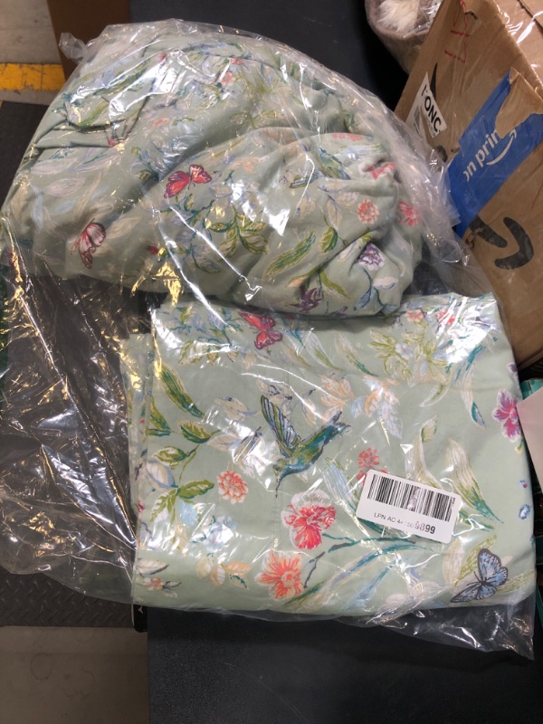 Photo 1 of QSH Green Floral Queen Size Sheet Sets - Green Flower Bird Butterfly Print Botanical Bedding Egyptian Cotton Printed Sheets Queen Size Bed Extra Soft and Breathable 17.5" Deep Pockets Bed Sheets 4pcs