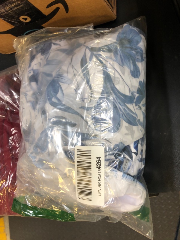 Photo 1 of FLAXMAKER Blue and White V Neck Lace Up Strip Plant Prints One Piece Swimsuit and Skirt/Sarong(Swimsuit and Skirt,Blue,L)