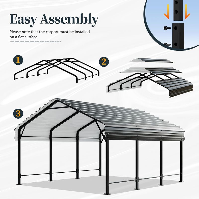 Photo 1 of Metal Carport, Heavy Duty Metal Carport Canopy with Galvanized Steel Roof and Frame, Permanent Garage for Pickup, Bass Boat, Trucks, Car and Tractors
