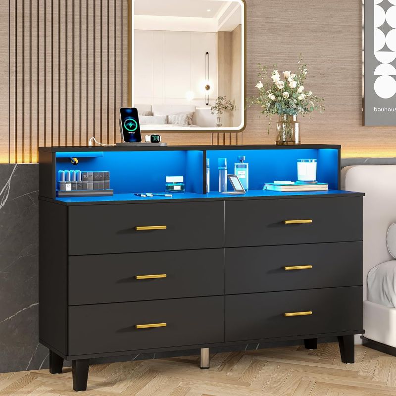 Photo 1 of 6 Drawers Dresser with LED Light and Power Outlet, Wood Dressers for Bedroom & Chests of Drawers, Large Double Dressers for Bedroom, Living Room, Entryway, Hallway (Black)
