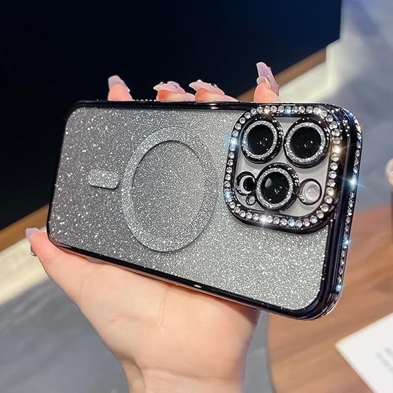 Photo 1 of KERZZIL Bling Glitter Heart Compatible with iPhone 14 Pro Max Case, Cute Women Sparkly Full Camera Protector Designed Phone Cases, Girly Golden Plating Phone Cover (Black)
