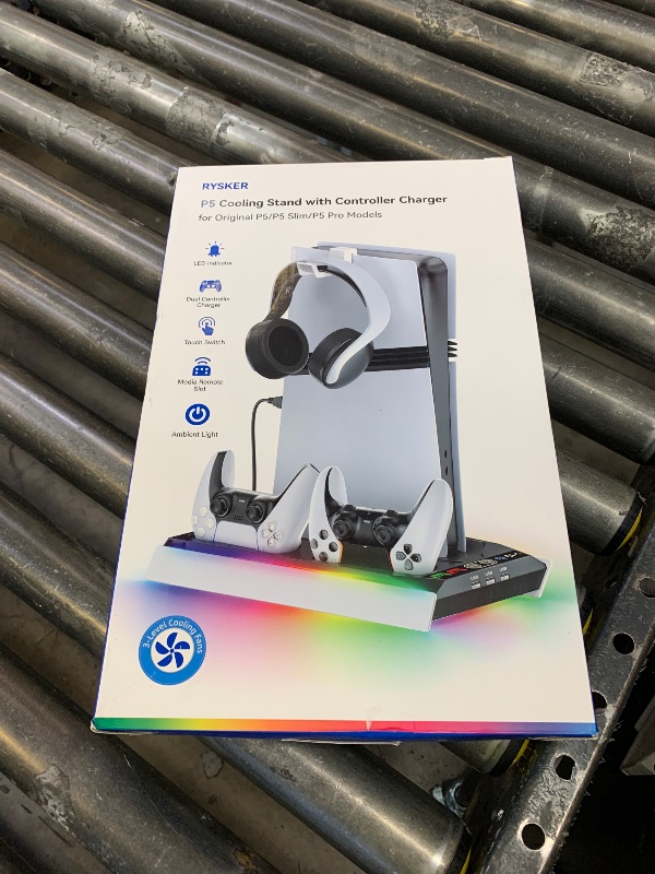 Photo 1 of PS5/Slim/Pro Stand for Disc & Digital Console, PS5 Cooling & Charging Station with RGB Ambient Lighting, PS5 Controller Charger Built-in 3 Level Fan, PS5/Slim/Pro Accessories for PlayStation 5 Case