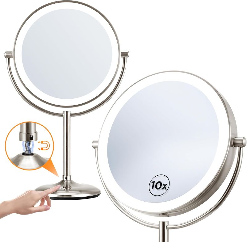 Photo 1 of Lighted Makeup Mirror with Magnification: 1X/10X Magnifying Vanity Mirror with 3 Color Dimmable Light, 9" Large Rechargeable Standing Desk Mirror, Base...
