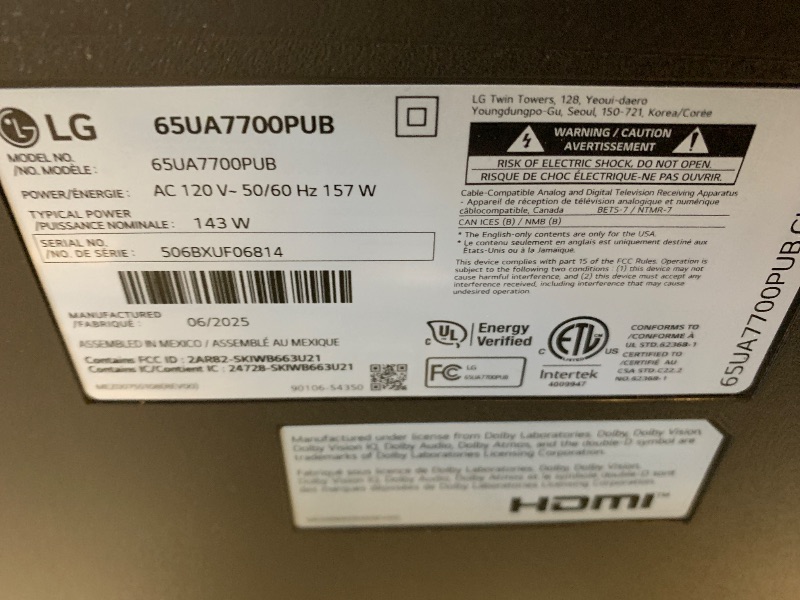 Photo 1 of LG 65UA7700P 65 inch Class UA77 Series LED AI 4K Smart webOS TV (2025)