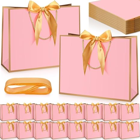 Photo 1 of Kolldenn 50 Pcs Gift Bags with Handle 12.6 x 10 x 4.3 Inch Medium Pink Gold Thank You Bag with Bow Ribbon for Christmas Wedding Birthday Bridal Shower Bridesmaid Party Favor
