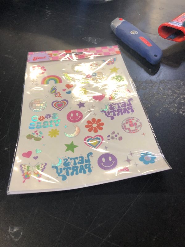 Photo 1 of xo, Fetti Groovy Disco Glow in Dark + Foil Temporary Tattoos - 82 pc | Flower Power Birthday Party Supplies, Rave Bachelorette Party Favors, Smiley Decorations, Y2K, Rainbow Arts and Crafts