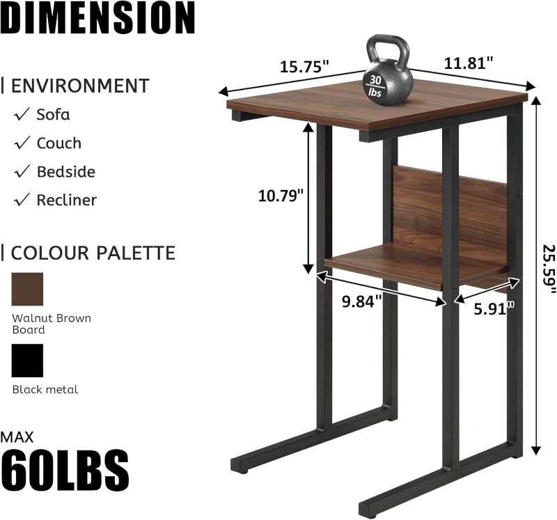 Photo 1 of Huisenitre C-Shaped End Table, Side Table with Storage Shelf, Coffee Table for Sofa, Living Room, Bedroom, Home Office, Small Spaces, Walnut Brown