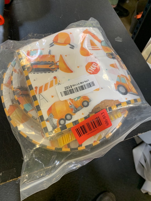 Photo 1 of Construction Theme Birthday Party Decorations Plates Set 25 Guests,100 Pcs Plates Napkins Forks Boys Kids Construction Excavator Birthday Party Supplies