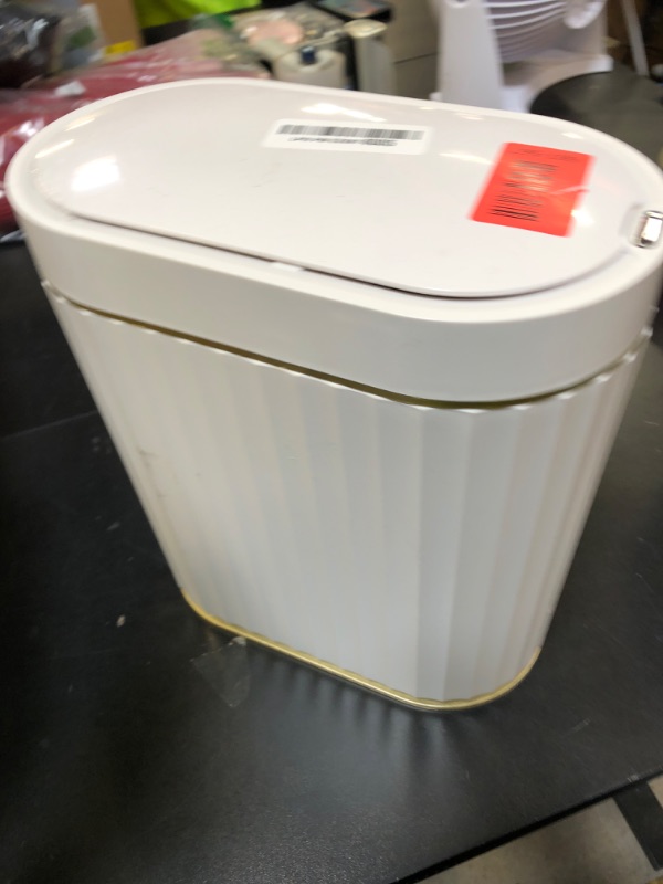 Photo 1 of ELPHECO Automatic Motion Sensor Trash Can - 2 Gallon Slimline for Bathroom, Bedroom, Kitchen, Office - White with Gold Trim