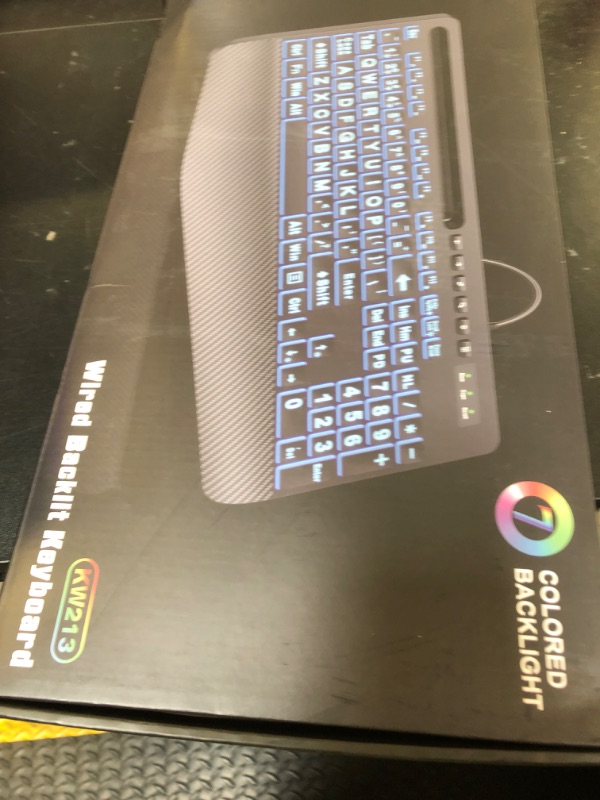 Photo 1 of SABLUTE Large Print Backlit Keyboard, Wired USB Computer Keyboards with 7-Colors Backlight, Wrist Rest, Phone Holder, Oversized Letter Keys Easy to See and Type for Laptop, PC, Windows, Black