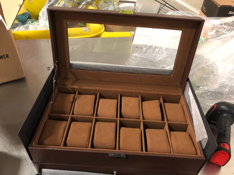 Photo 1 of ROTHWELL 12-Slot Watch Box in Leather with Valet Drawer, Luxury Watch Case Display Organizer with Ultra Soft Microsuede Liner, Jewelry and Sunglass Holder With Large Glass top (Brown/Brown)