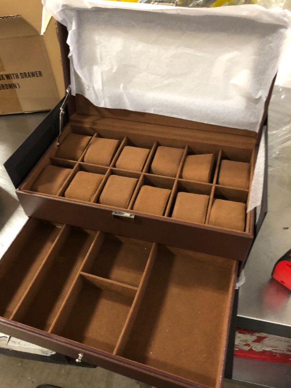 Photo 1 of ROTHWELL 12-Slot Watch Box in Leather with Valet Drawer, Luxury Watch Case Display Organizer with Ultra Soft Microsuede Liner, Jewelry and Sunglass Holder With Large Glass top (Brown/Brown)