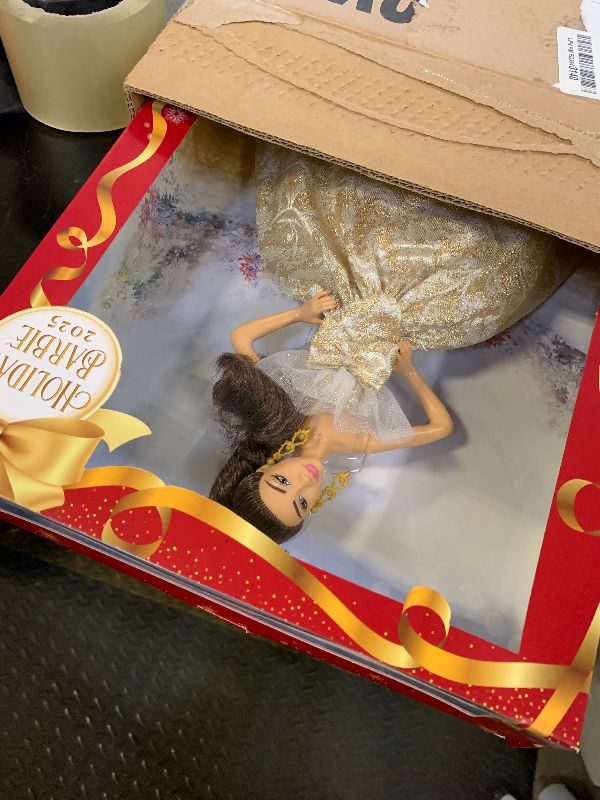 Photo 1 of Barbie Signature 2025 Holiday Light Brown Hair Fashion Doll Wearing Silver & Gold Gown, Seasonal Collector in Displayable Packaging & Stand