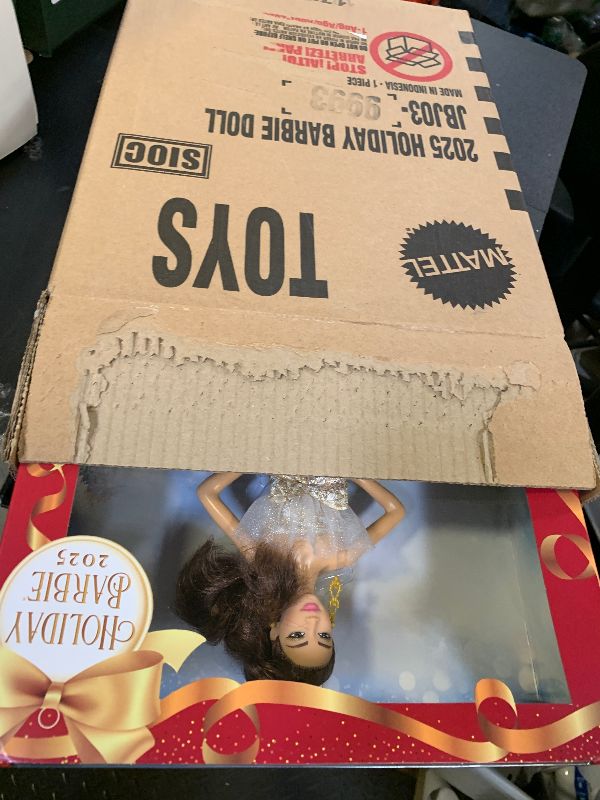 Photo 1 of Barbie Signature 2025 Holiday Light Brown Hair Fashion Doll Wearing Silver & Gold Gown, Seasonal Collector in Displayable Packaging & Stand