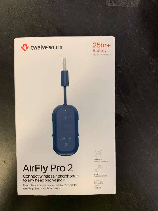 Photo 1 of Twelve South AirFly Pro 2 Bluetooth 5.0 Transmitter/Receiver for TV/Airplane to 2 Wireless Headphones – Wireless Adapter for AirPods, Airplane, Car, Gym, Home, Use with Any 3.5 mm Audio Jack, Blue