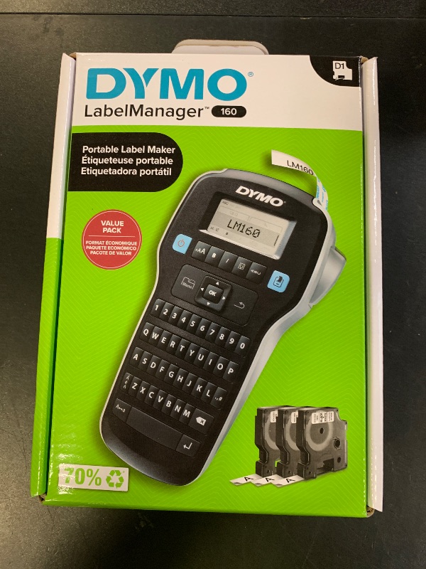 Photo 1 of DYMO LabelManager 160 Portable Label Maker Bundle, Easy-to-Use, One-Touch Smart Keys, QWERTY Keyboard, Large Display, For Home & Office Organization, Includes 3 D1 label cassettes