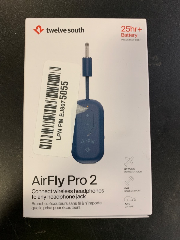 Photo 1 of Twelve South AirFly Pro 2 Bluetooth 5.0 Transmitter/Receiver for TV/Airplane to 2 Wireless Headphones – Wireless Adapter for AirPods, Airplane, Car, Gym, Home, Use with Any 3.5 mm Audio Jack, Blue