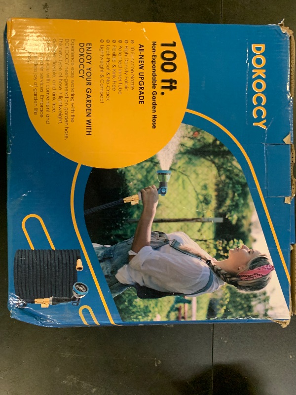 Photo 1 of DOKOCCY Non-Expanding Garden Hose 100 ft, Flexible Water Hose with 10 Function Spray Nozzle, Lightweight Hose Pipe, Leak-Proof, Durable, Kink-Resistant, 3/4 Inch Connector, Portable Storage Strap
