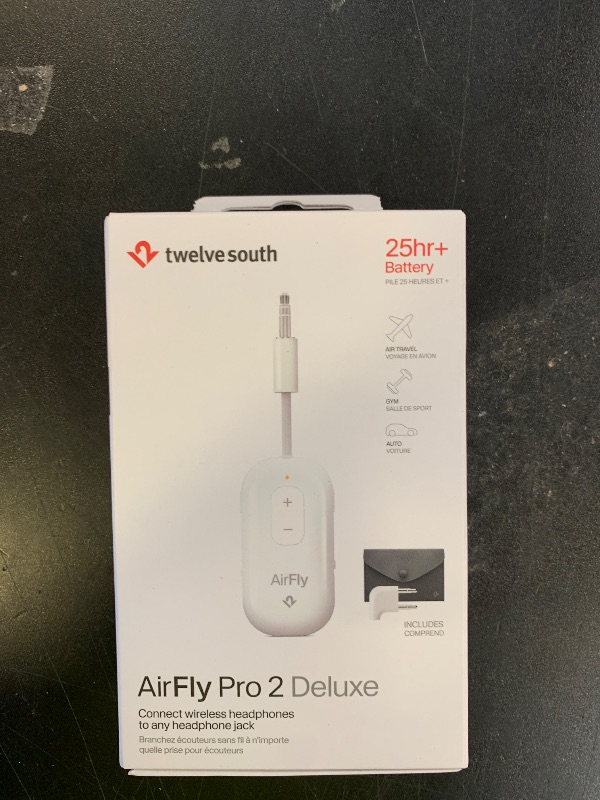 Photo 1 of AirFly Pro 2 Deluxe – Bluetooth Adapter for Airplane, Pair 2 AirPods or Wireless Headphones – 3.5mm AUX Bluetooth Transmitter/Receiver for Cars, Boats, Treadmills, TVs – Airplane Travel Essentials