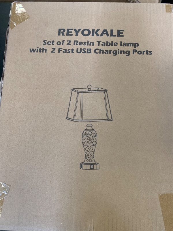 Photo 1 of 25'' Farmhouse Table Lamp for Living Room Bedroom, 2 USB Ports Vintage Rustic Nightstand Desk Lamp with Nightlight, White Hollow Out Resin Lamp for End Table (Bulb Included)