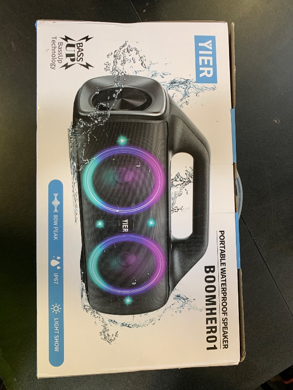 Photo 1 of YIER Speakers, 80w (Peak) Portable Wireless Speaker with Lights, Stereo Loud Sound, IP67 Waterproof, Deep Bass Outdoor Speakers Bluetooth 5.0 Dual Pairing for Home Party Beach Camping, Gifts