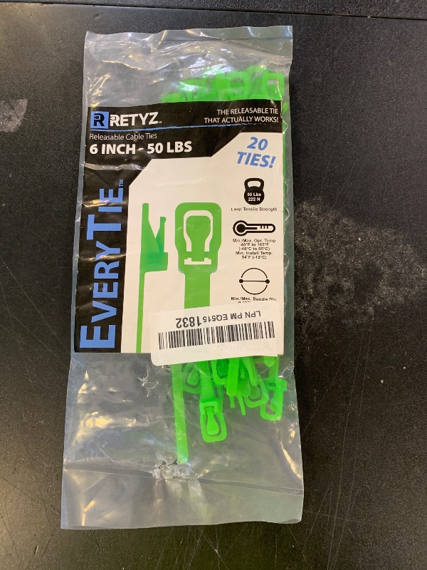 Photo 1 of RETYZ 6-Inch Fluorescent Green Reusable Releasable Cable Ties – 20 Pack, 50 lb Strength, Patented Quick-Release, Tool-Free Design for Home, Office, and Light Industrial Use